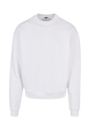 Weißer Sweatshirt, Rundhalsausschnitt, lange Ärmel, gerippte Bündchen und Saum, glattes Baumwollmaterial, minimalistisches Design, ohne Muster oder Verzierungen.