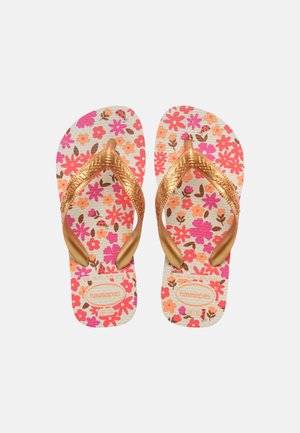 Pár žabiek s kvetinovým vzorom s ružovými, oranžovými a hnedými kvetmi a metalickými zlatými textúrovanými remienkami, veľkosť 29-30.