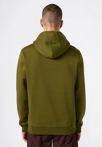 Olijfgroene hoodie met een trekkoordkap, een soepele textuur, geribbelde manchetten en zoom, gezien van achteren. Draagt met donkere broeken.