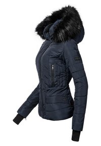 Navy blue puffer jacket featuring a detachable faux fur hood, zippered chest and side pockets, ribbed cuffs, and quilted texture.