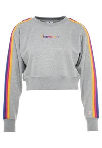 Szara, krótka bluza z kolorowymi paskami w odcieniach purpury, pomarańczu i żółci wzdłuż rękawów. Posiada haftowane logo "Champion" z przodu.