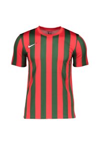 Rood en groen gestreepte sportshirt met korte mouwen, ronde hals en een klein wit Nike-logo op de borst. Gemaakt van ademende stof.