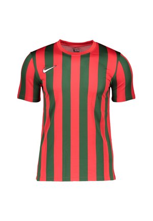 Rood en groen gestreepte sportshirt met korte mouwen, ronde hals en een klein wit Nike-logo op de borst. Gemaakt van ademende stof.