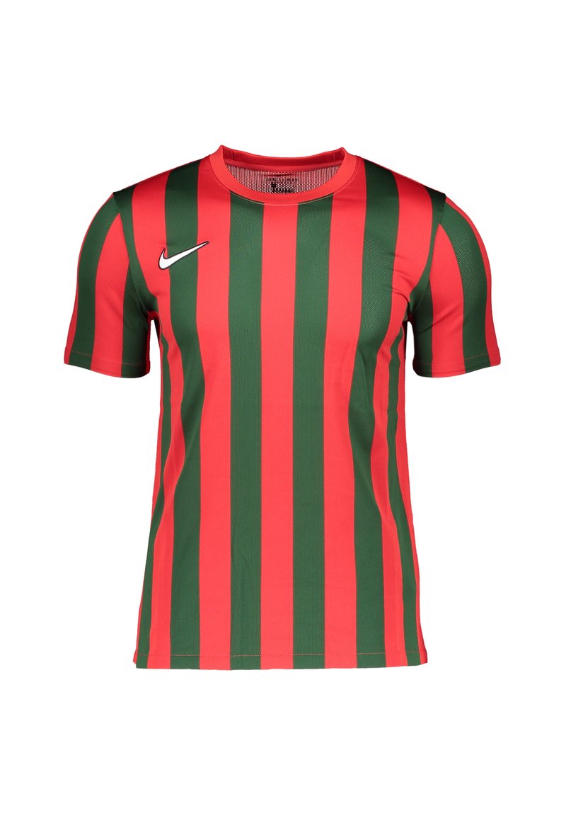 Rood en groen gestreepte sportshirt met korte mouwen, ronde hals en een klein wit Nike-logo op de borst. Gemaakt van ademende stof.