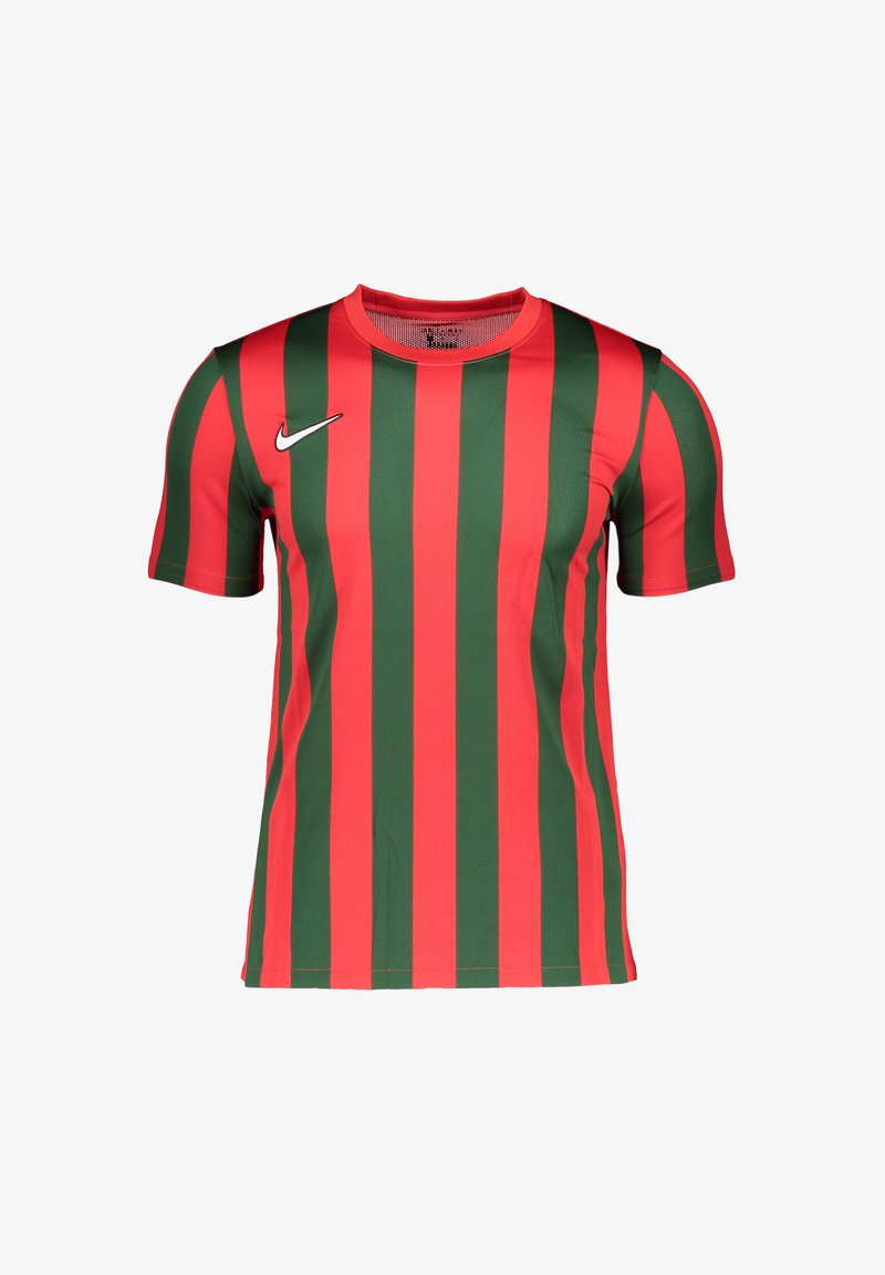 Maglietta sportiva a righe rossa e verde con maniche corte, collo rotondo e un piccolo logo Nike bianco sul petto. Realizzata in tessuto traspirante.