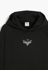 Black hoodie featuring a silver graphic design of a winged emblem with a central number "1" and stars below it.