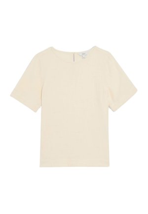 Damen Kurzarmshirt mit rundem Ausschnitt und Knopfverschluss am Rücken, flach liegend auf weißem Hintergrund.