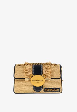 Borsa beige intrecciata con rifiniture nere, tracolla a catena dorata e chiusura dorata con orecchie da orso e testo "RUE MADAM PARIS".
