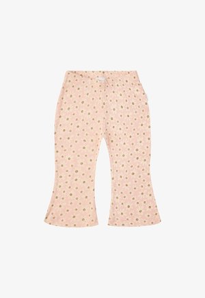 Rosa Breitcordhosen mit ausgestellter Beinform und gerippter Textur, die mit einem Muster aus gleichmäßig verteilten goldenen Punkten über den Stoff verfügen.