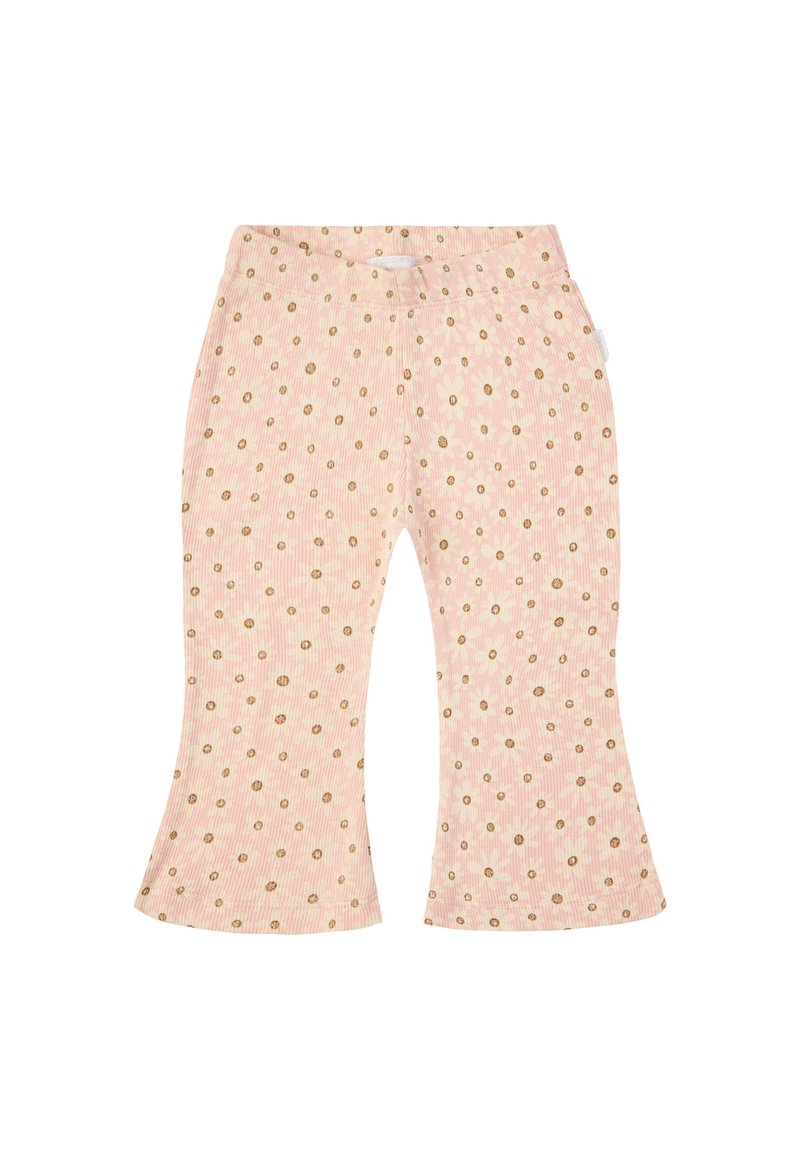 Pantalon en velours côtelé rose évasé avec une texture ribbed, présentant un motif de points dorés distribués de manière homogène sur le tissu.