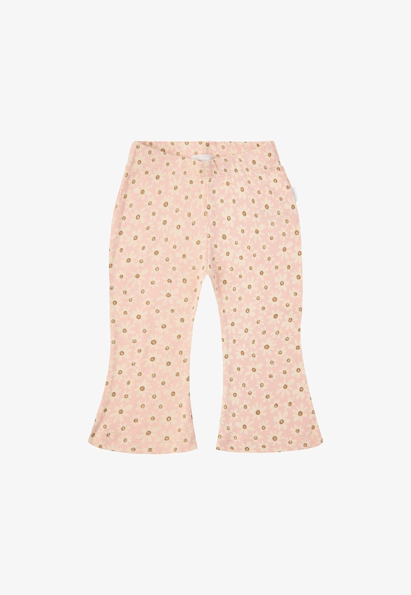 Roze corduroy flared pants met een ribbeltextuur, voorzien van een patroon van gelijkmatig verdeelde gouden stippen over de stof.