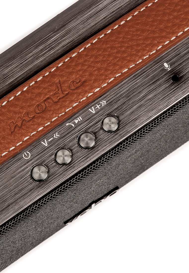 Altoparlante Bluetooth con corpo in metallo, dettagli in pelle marrone con texture, pulsanti di controllo, un microfono e un design elegante e moderno.