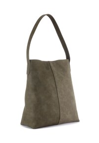 Olivgrüne Schultertasche aus Wildleder und strukturiertem Leder, mit einer hohen Silhouette und einem langen, einzelnen Tragegurt.