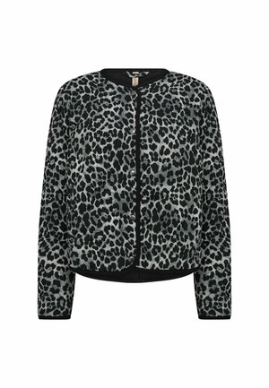 Jakna s uzorkom leoparda u crnoj i sivoj boji, s okruglim izrezom, zatvaranjem na dugmadi i dugim rukavima. Mekana tekstura, obrubljena crnim rubom.