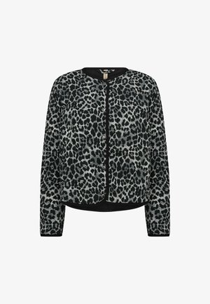 Mustmust ja hall leopardimustritega jakk ümmarguse kaeluse, nööbikinnituse ja pikkade varrukatega. Pehme tekstuur, musta äärega.