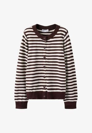 Ruskean ja kermanvärisen raidallinen neulottu neuletakki, jossa on pyöreä pääntie, napitus ja resorit hihansuissa ja helmassa.