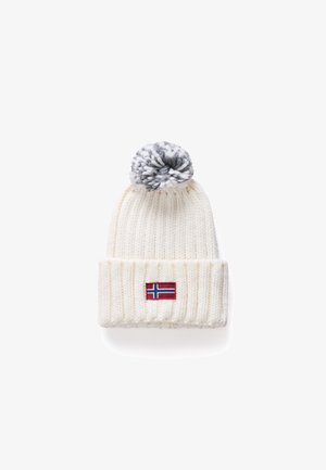 White knitted beanie with a gray pom-pom on top and a folded cuff featuring a small Norwegian flag patch. Textured ribbed pattern.