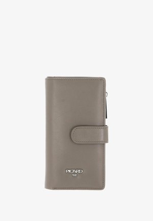 Portefeuille en cuir gris avec fermeture à pression, texture lisse, logo en relief sur le devant et détail zippé sur le côté.