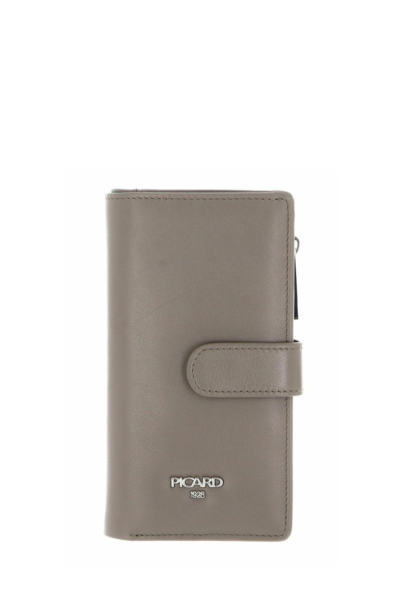 Portefeuille en cuir gris avec fermeture à pression, texture lisse, logo en relief sur le devant et détail zippé sur le côté.