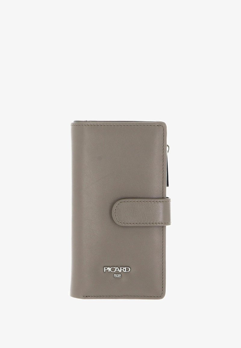 Portefeuille en cuir gris avec fermeture à pression, texture lisse, logo en relief sur le devant et détail zippé sur le côté.