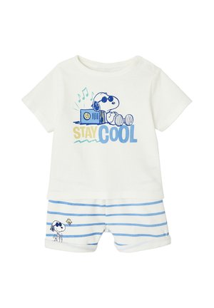 White baby outfit with blue-striped shorts, featuring Snoopy wearing sunglasses and text "Stay Cool" on the shirt.