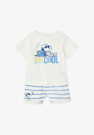White baby outfit with blue-striped shorts, featuring Snoopy wearing sunglasses and text "Stay Cool" on the shirt.