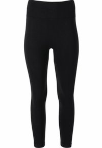 Svarta leggings med hög midja, tillverkade av ett mjukt, elastiskt tyg, med en åtsittande passform och utan synliga mönster eller dekorationer.