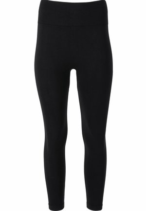 Svarta leggings med hög midja, tillverkade av ett mjukt, elastiskt tyg, med en åtsittande passform och utan synliga mönster eller dekorationer.