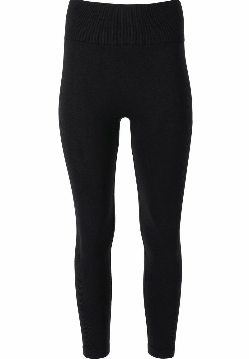 Svarta leggings med hög midja, tillverkade av ett mjukt, elastiskt tyg, med en åtsittande passform och utan synliga mönster eller dekorationer.