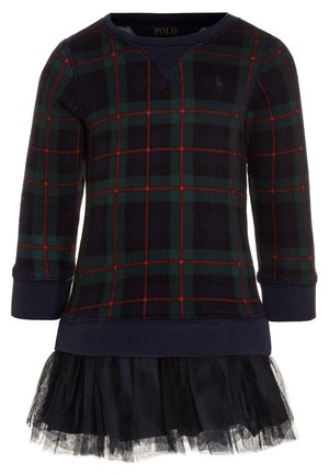 Granatowa sukienka w kratę dla dziecka z długim rękawem, wzbogacona czerwonymi i zielonymi liniami, z nałożonym tiulowym dołem oraz ściągaczami na mankietach i dole.