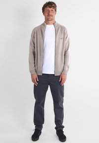Pull-over beige à zip avec col côtelé, porté sur un T-shirt blanc ; associé à un pantalon gris foncé et des baskets noires. Design et coupe simples.