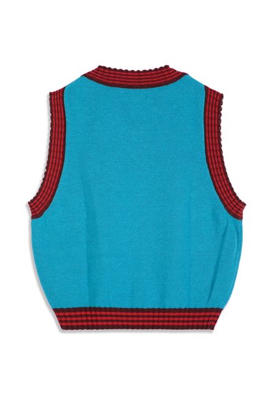 Gilet sans manches bleu en tricot avec bord-côtes rayé rouge et noir au col, aux emmanchures et à l'ourlet, vu de dos sur fond blanc.