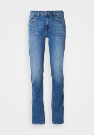 Blauwe denim jeans met een rechte pijp, met vijf zakken, een rits aan de voorkant en subtiele vervaging. Klassieke pasvorm en middelmatige wassing.