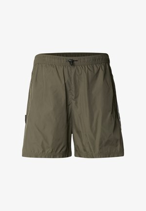 Męskie spodenki kąpielowe w kolorze oliwkowej zieleni z elastycznym pasem i czarnym sznurkiem, wykonane z lekkiego, szybkoschnącego materiału.