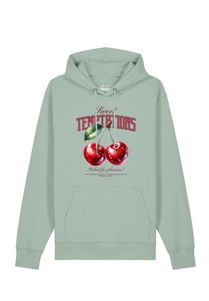 Sweat à capuche vert clair avec poche avant, avec un graphisme de deux cerises rouges et un texte indiquant "Sweet Temptations" et "Picked for pleasure!"