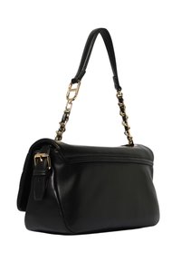 Borsa a mano in pelle nera con forma strutturata, dotata di tracolla staccabile con catena decorativa, dettagli in oro e chiusura con cerniera.