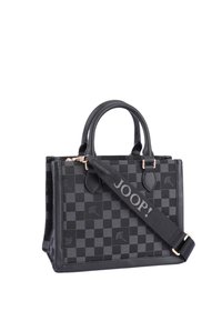 Musta ruudukollinen käsilaukku, jossa on jämäkkä muotoilu, nahkakahvat ja irrotettava hihna, jossa on harmaa "JOOP!"-logo.