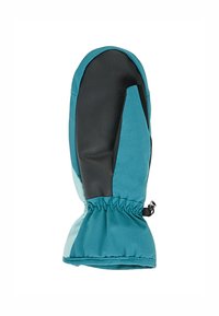 Tyrkysovo-čierne zateplené palčiaky s koženou dlaňou, elastickým zápästím a sťahovaním na úpravu veľkosti. Textúrovaný exteriér a hladký interiér.