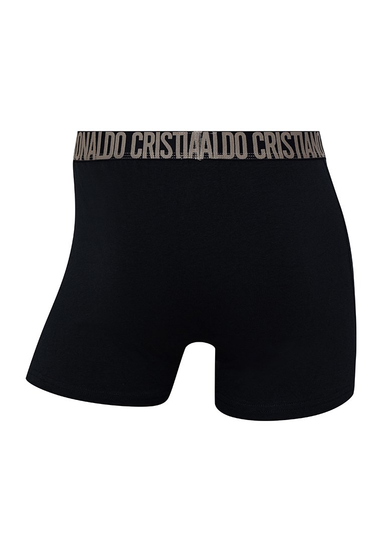 Boxers negros hechos de una tela suave con una amplia cinturilla elástica que presenta un diseño repetido del logo en marrón claro.