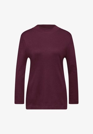 Langärmliges Oberteil in tiefem Burgunderrot, aus weichem Material mit hohem Ausschnitt und geradem Schnitt. Glatte Textur, minimalistisches Design, keine Muster.