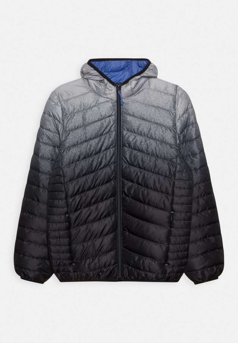 Padded hooded jacket with a gradient from light gray to black, featuring a full zipper and diagonal quilted detailing throughout.