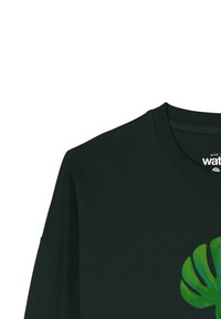 Sweatshirt noir avec un graphique de feuille de monstera verte sur le devant. Fabriqué en tissu doux avec un col rond et des manches longues.