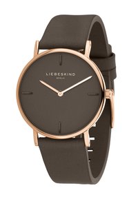 Rond horloge met een roségouden kast en een donkergrijze leren band. Minimalistische wijzerplaat met uurmarkeringen en wijzers in roségoud.