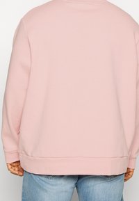 Felpa rosa chiaro con scollo rotondo, spalle abbassate e orlo a righe. Tessuto morbido con vestibilità comoda. Nessun motivo o hardware visibile.