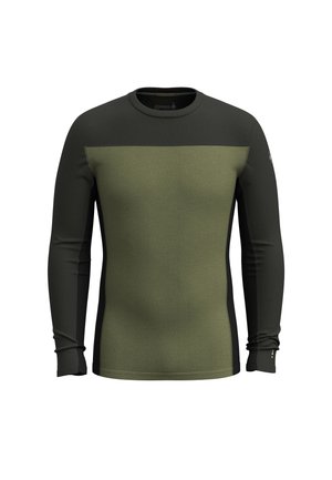 Långärmad skjorta i olivgrön med mörkgrön accent över bröstet, med rund halsringning, figurnära design och stretchigt material.