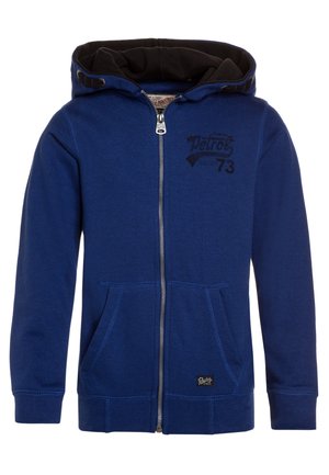 Niebieska bluza z kapturem zapinana na zamek, z czarnym wykończeniem kaptura, przednimi kieszeniami i logo "Petrol 73". Wykonana z miękkiego materiału o gładkiej teksturze.