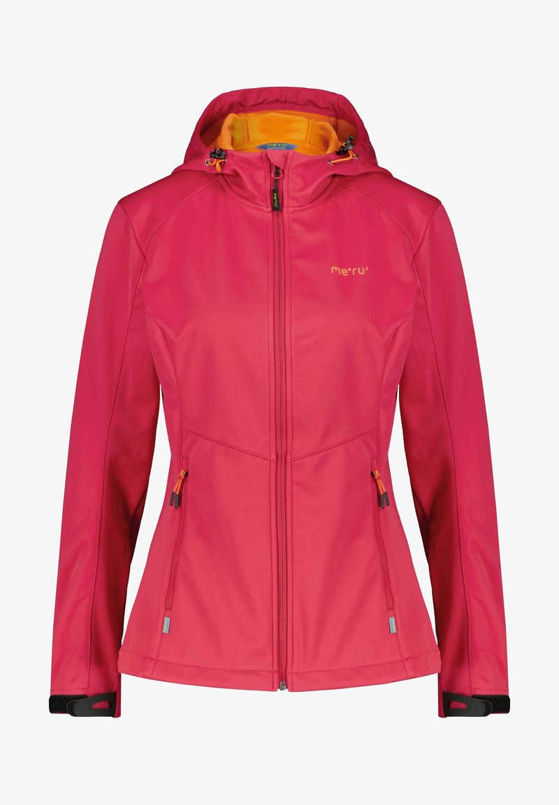 Veste en softshell rose dotée d'une fermeture éclair à l'avant, d'une capuche ajustable avec doublure orange, de deux poches avant et de détails noirs aux poignets.
