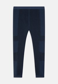 Leggings azul marino hechos de tela texturizada, con patrones variados a lo largo de los lados, con una cinturilla elástica y forma ajustada.