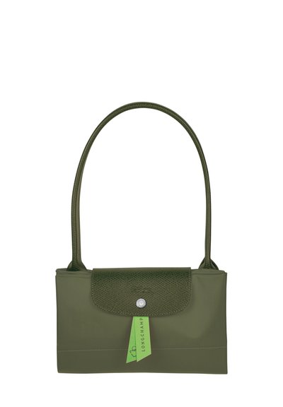 Olive green handbag with a smooth texture and a structured shape. Features a textured flap, silver snap closure, and a long handle.