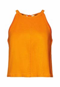 Haut court sans manches orange vif avec col montant et fermeture nouée dans le dos, tissu lisse avec couture verticale centrale.